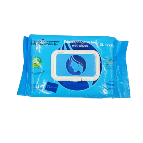 WechatIMG1927 Eine Packung maxicura® feuchte Pflegetücher in einer wieder verschließbaren Verpackung mit blauem Logo.
