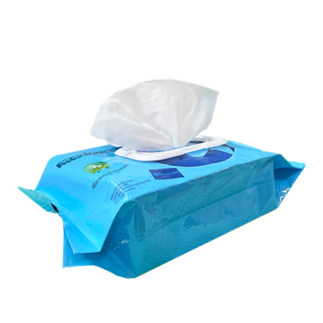 A blue box of maxicura® feuchte Pflegetücher in einer wieder verschließbaren Verpackung on a white background.